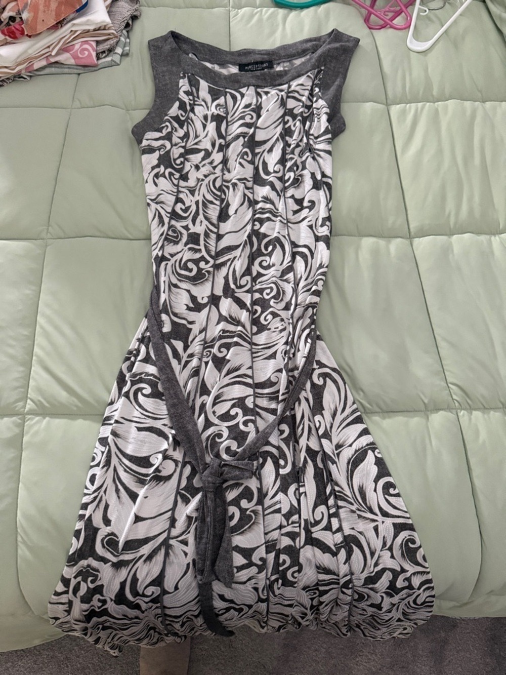 Perceptions Black & White Swirl Tie-Waist Sleeveless Dress